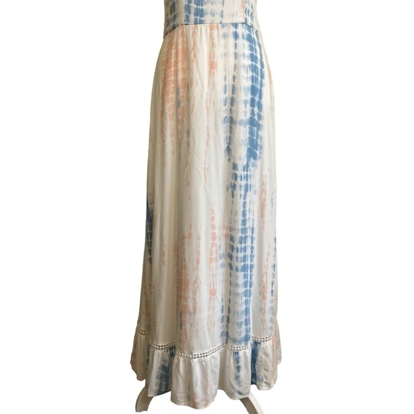 JAPNA Tie Dye Smocked Crochet Maxi Dress Ruffled Cap Sleeves White/Blue/Pink M - Picture 4 of 15